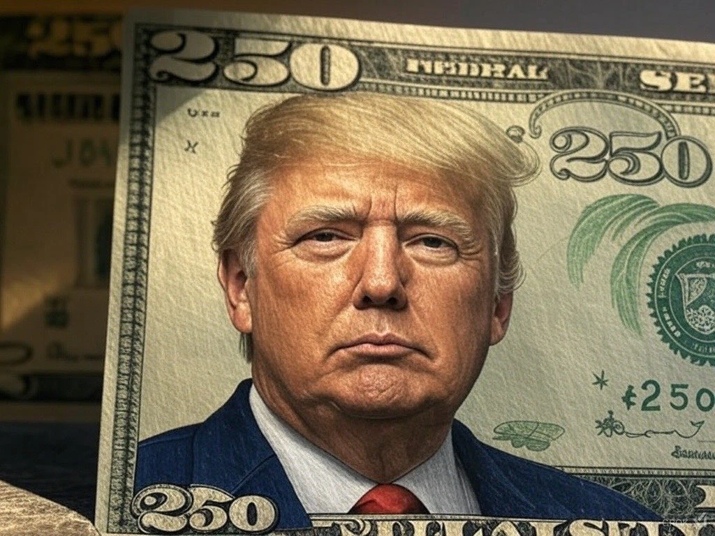 A fictional $250 banknote featuring a portrait of Donald Trump in the center, with intricate design elements resembling real U.S. currency. The note appears to be digitally illustrated and is not an official legal tender.