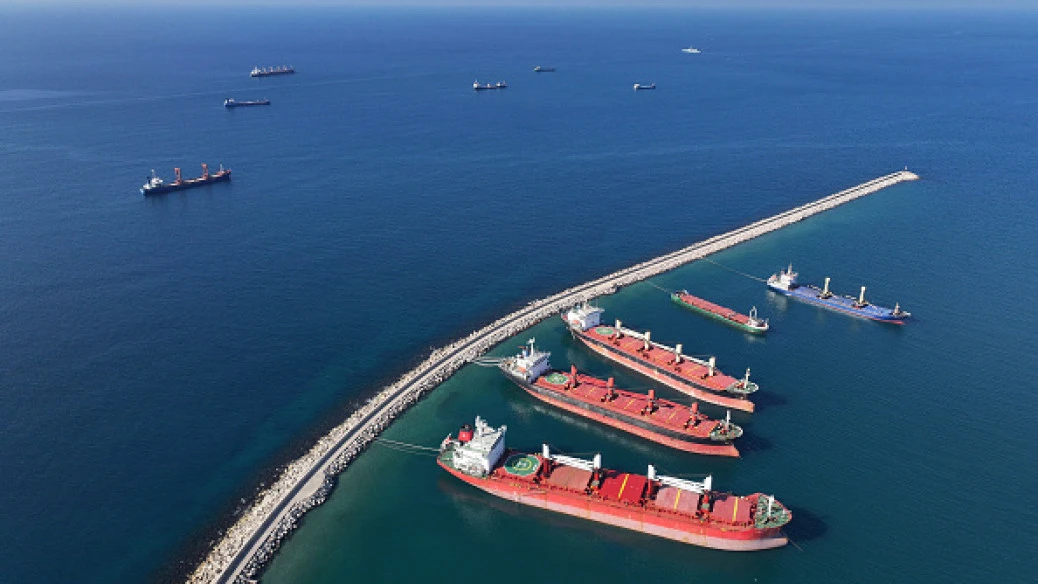 File photo shows an aerial view of Syria's Tartus Port, which had been leased to Russian company Stroytransgaz for 49 years, where multiple cargo ships were docked alongside the breakwater. (AFP Photo)