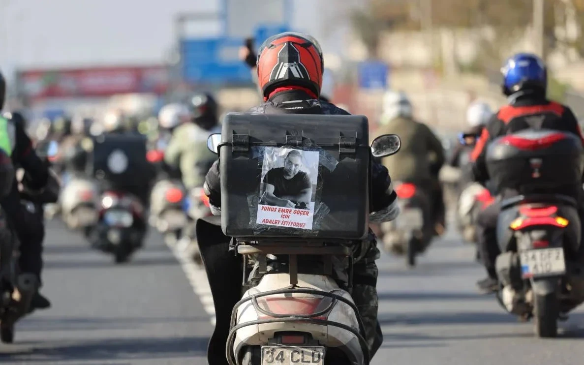 A group of motorcyclists in Istanbul, Türkiye, protest on the streets, demanding justice for a fellow moto courier who lost his life in a traffic accident.