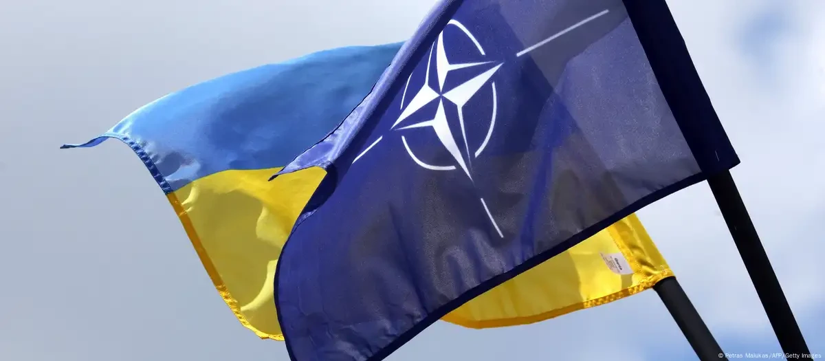 Ukrainian national flag and NATO flag