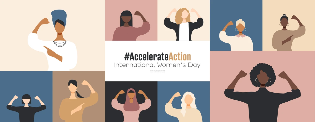 Minimalist illustration featuring women of different backgrounds flexing their arms in a collage design, centered around the #AccelerateAction theme for International Women’s Day.