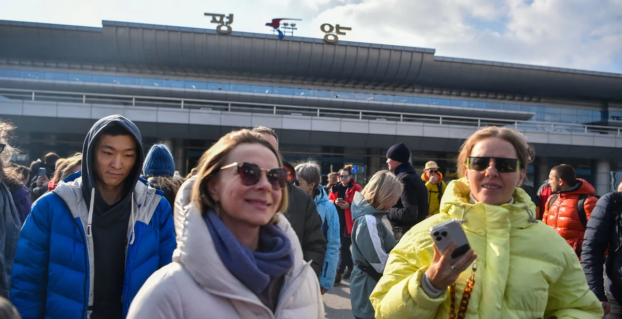 Russian tourists arriving at Pyongyang International Airport