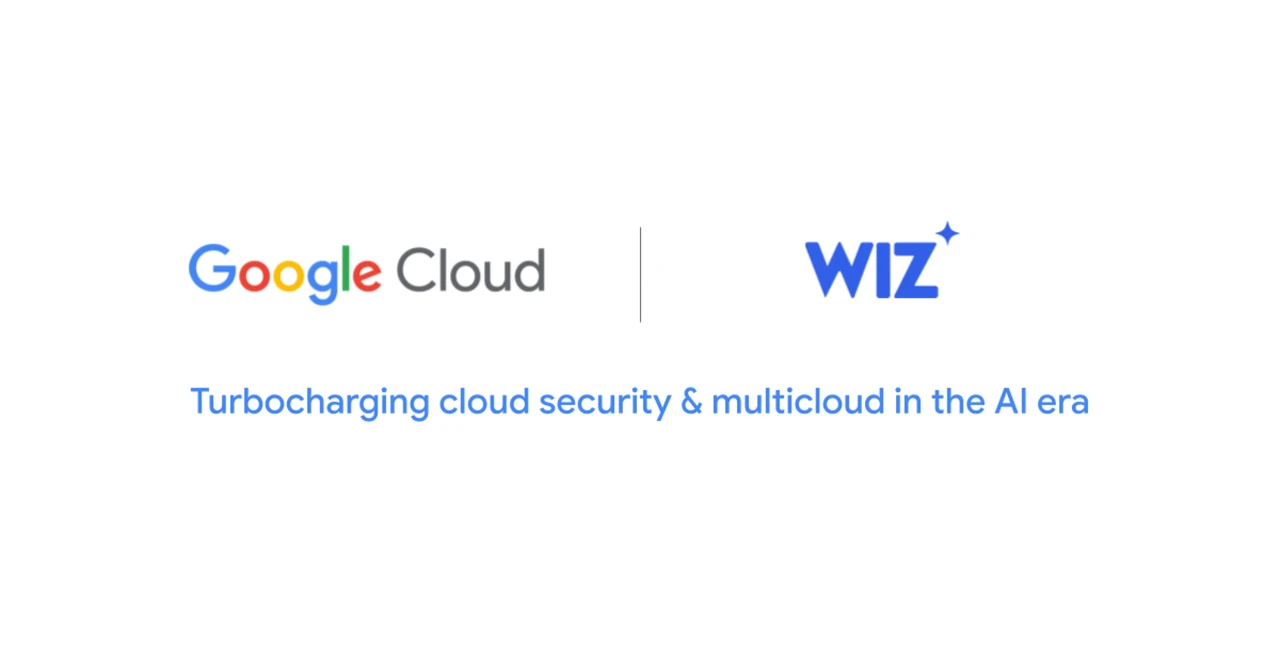 Image showing the Google Cloud logo in blue and gray on the left, separated by a vertical line from the Wiz logo in bright blue on the right. Below both logos is the phrase "Turbocharging cloud security & multicloud in the AI era" in blue tex