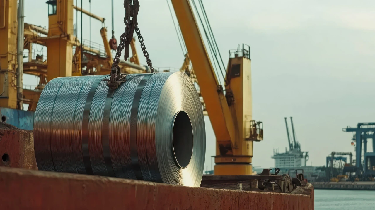 a large coil of steel being lifted by a crane