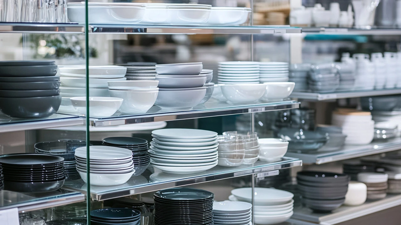 A variety of stacked dishes and shiny cookware displayed on glass shelves in a neat and orderly retail store setting, showcasing household essentials for sale