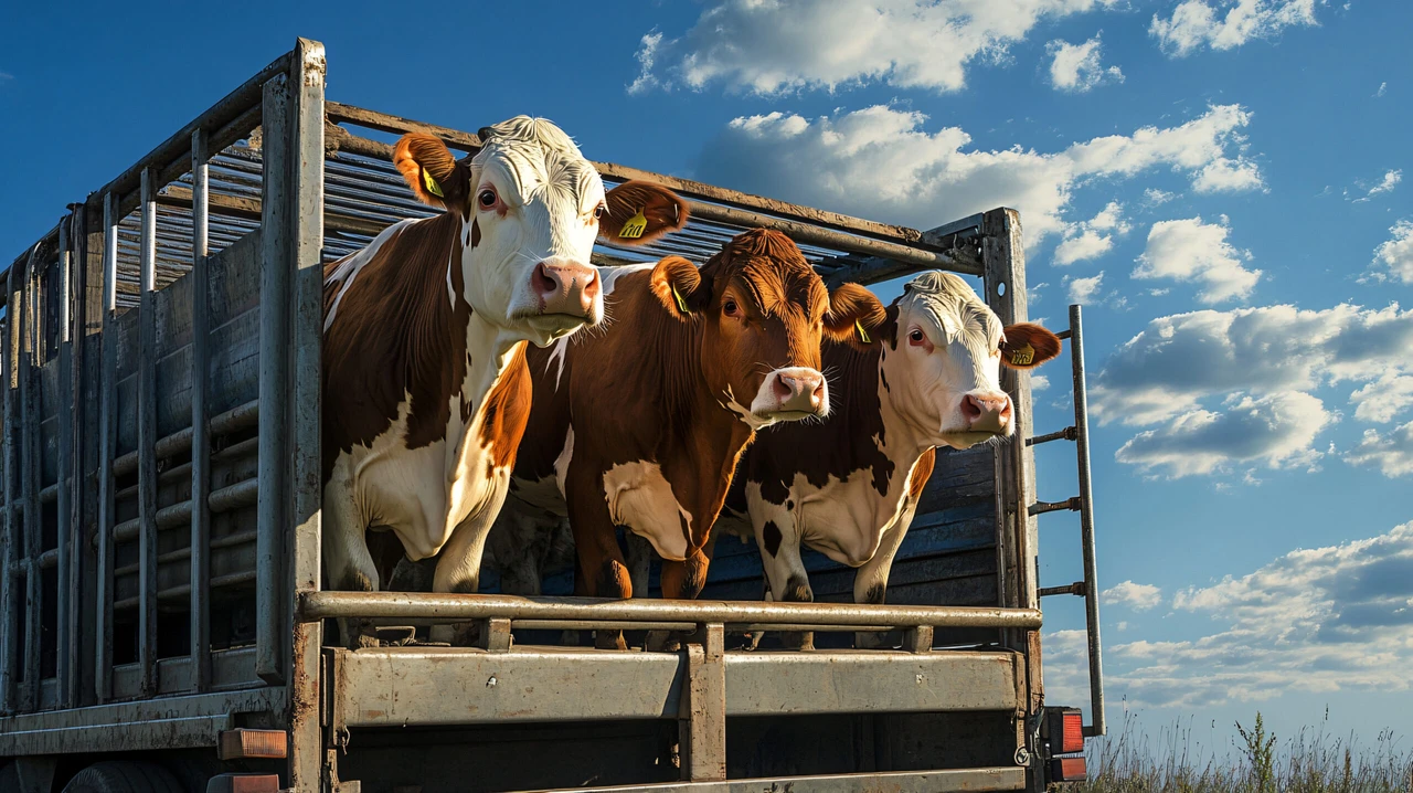 Three cows waiting in a metal trailer connected to a truck, prepared for transport, against a backdrop of a blue sky with white clouds