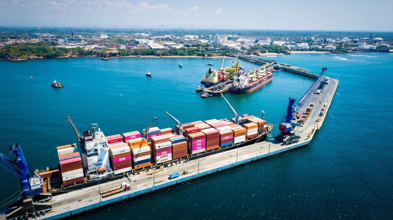 An aerial view of a seaport