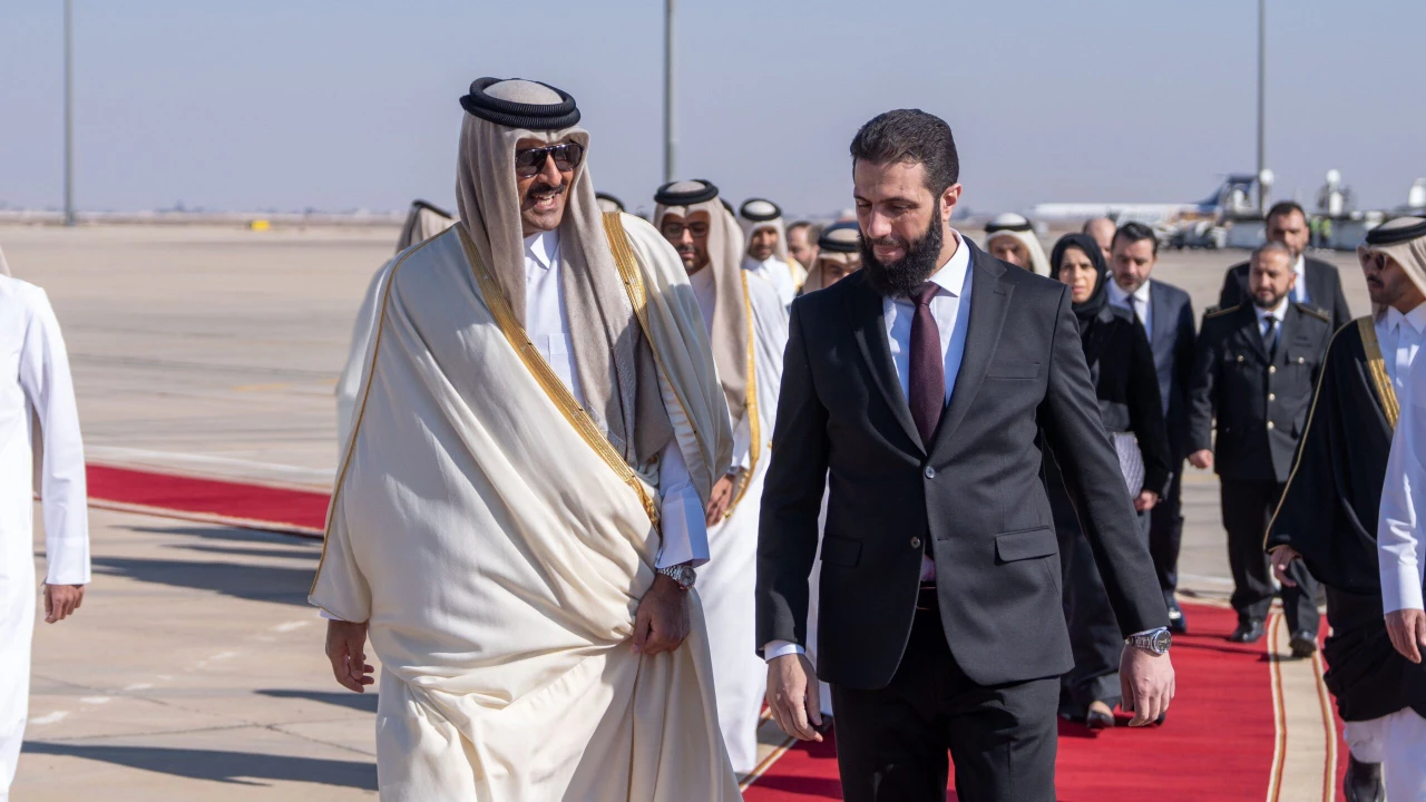 Ahmed al-Shaara greets Sheikh Tamim at Damascus Airport, Syria