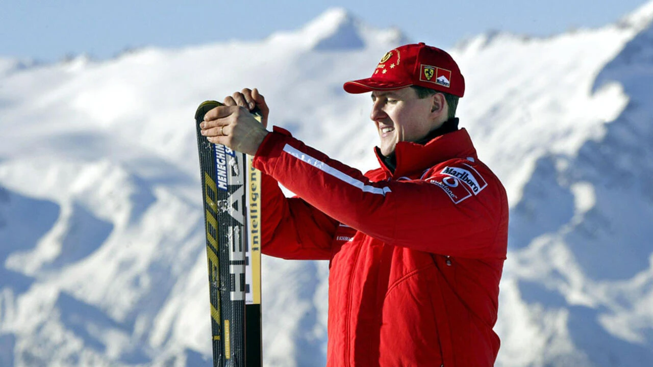 photo shows Michael Schumacher with ski equipment