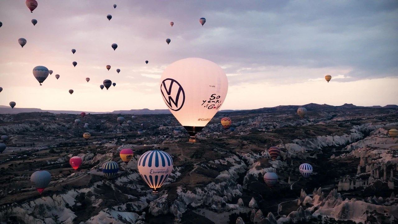 Volkswagen balloon flies above rocky Cappadocia during anniversary event