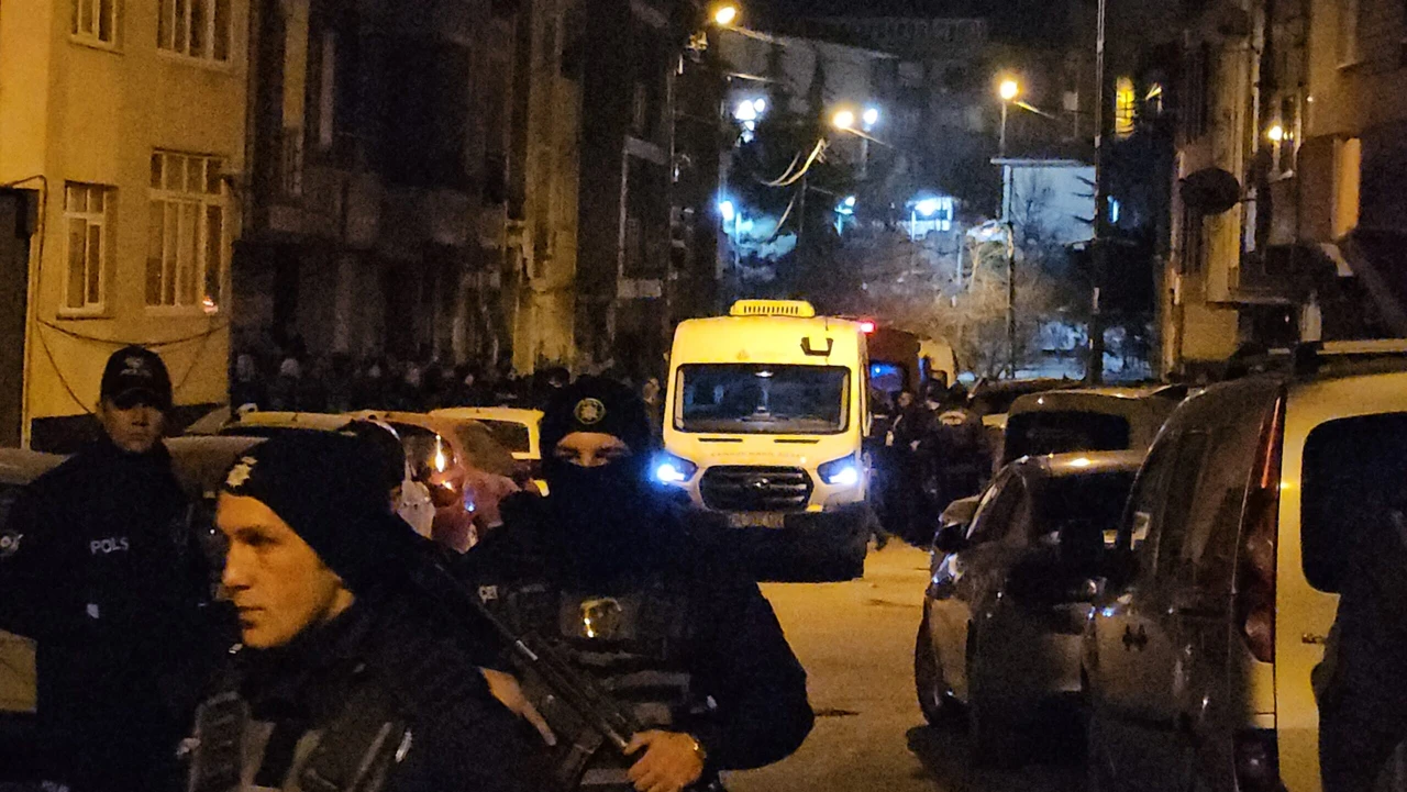 Ambulance and police teams are seen on the street in front of B.Y.'s house, where a tragic incident occurred involving the killing of his family members in Eyupsultan, Istanbul, on January 31, 2025.