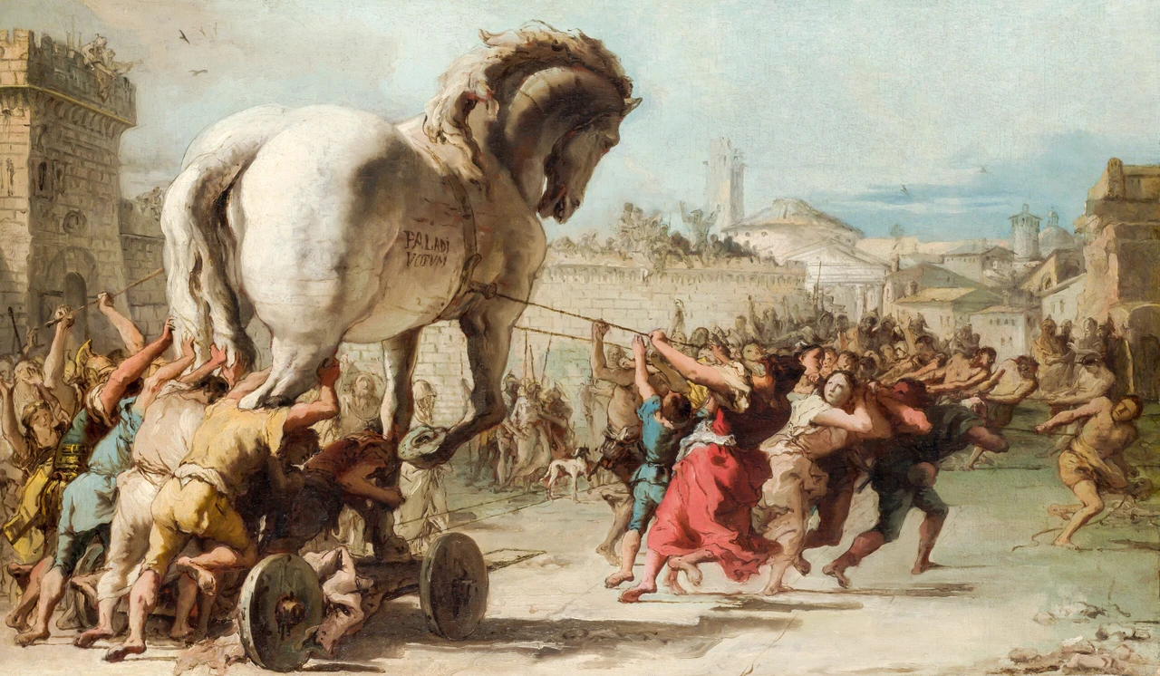 Painting depicting the entrance of the wooden horse to Troy