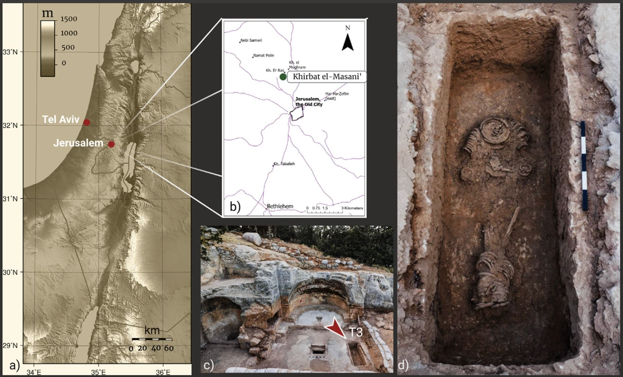 A topographic map showing the location of Khirbat el-Masani near Jerusalem, Israel. The image includes an inset zooming into the archaeological site, highlighting the ruins of El-Masani church and marking the location of the T3 tomb where a chained individual was found.