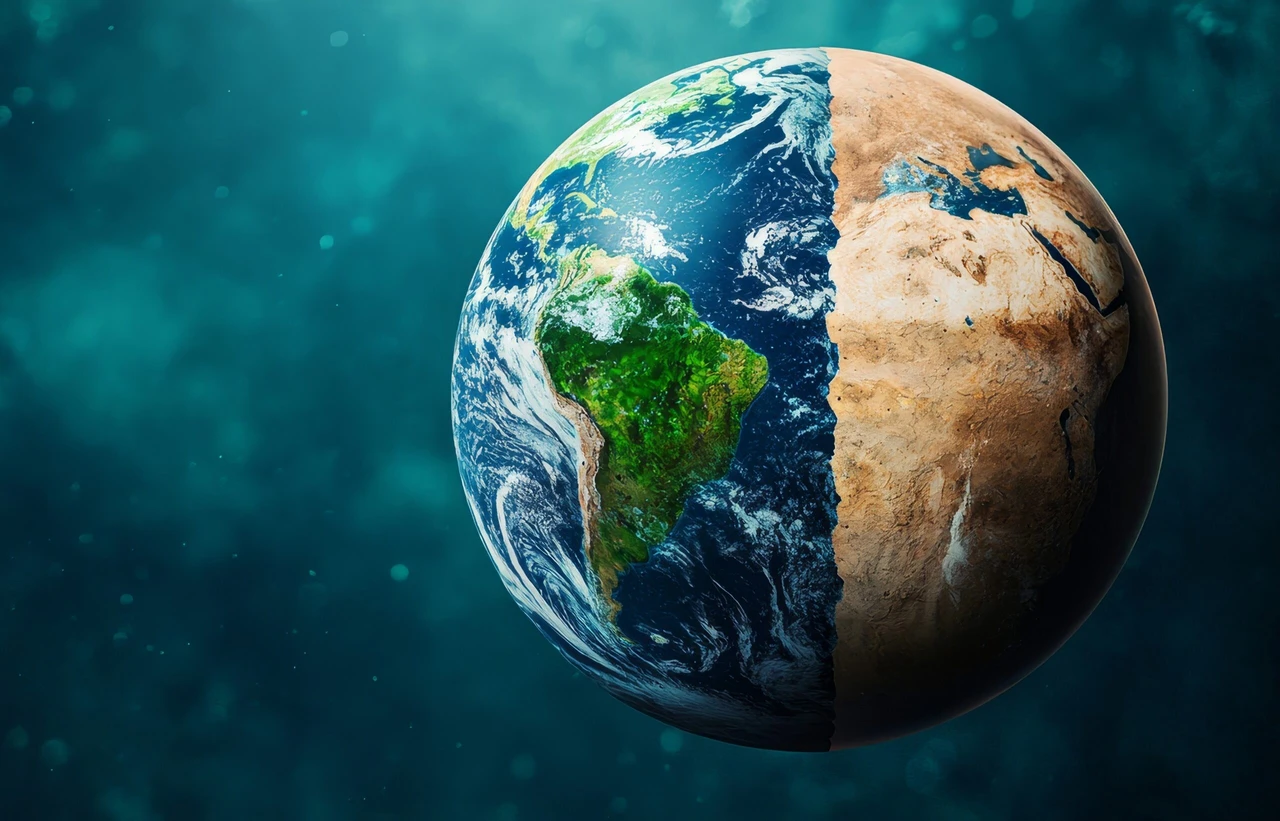 This image depicts a stylized Earth with one side lush and green, symbolizing a healthy environment, and the other side parched and brown, representing the impact of climate change. (Adobe Stock Photo)