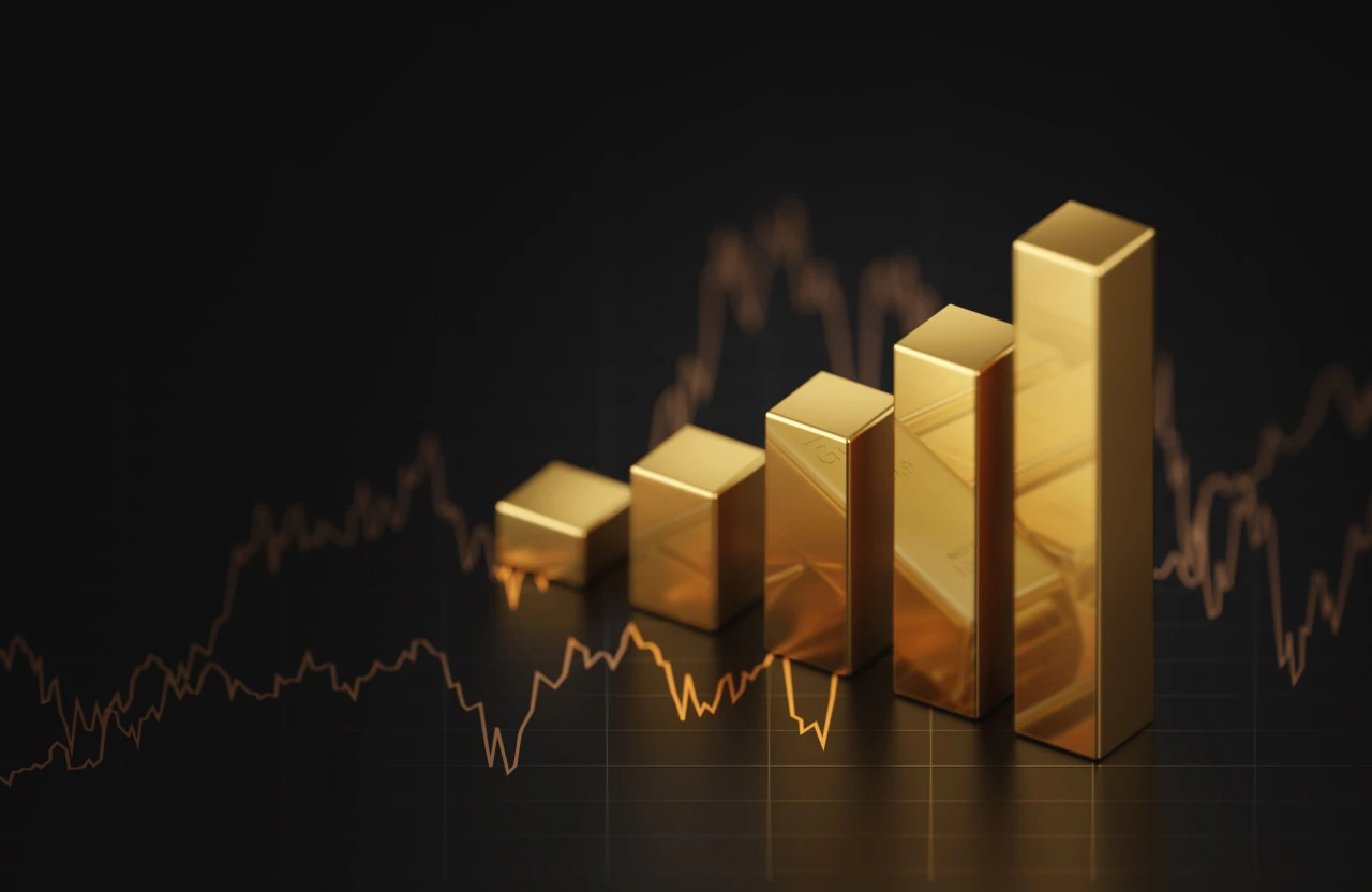 A 3D-rendered financial concept image featuring gold bars, a stock market diagram, and a profit graph, symbolizing global trade, investment, and economic growth.