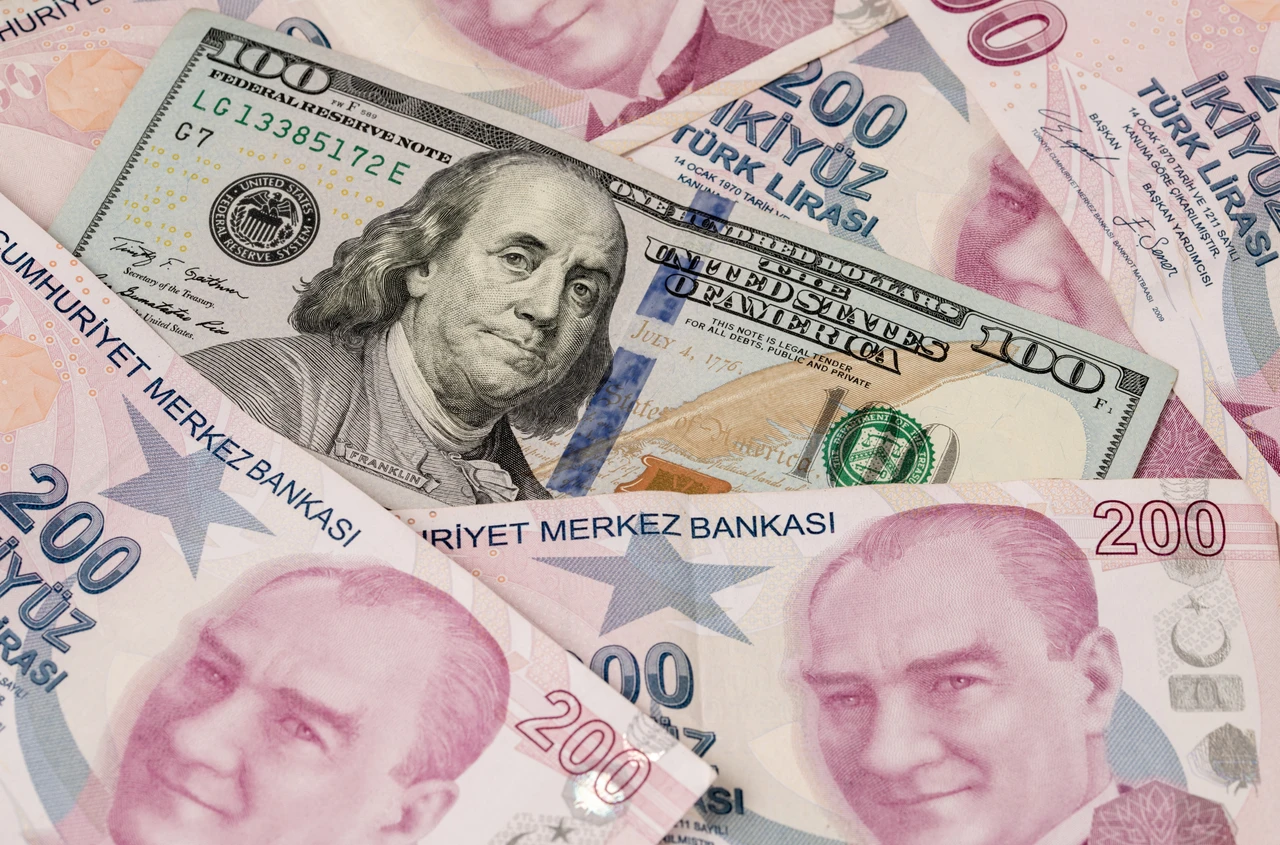 mix of Turkish lira banknotes and a US 100-dollar bill