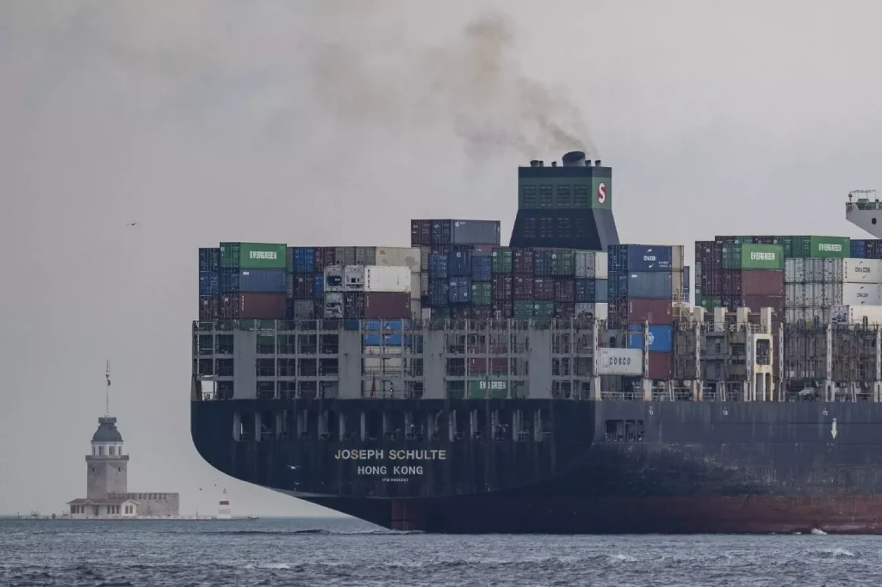 A container ship transits through the Bosphorus