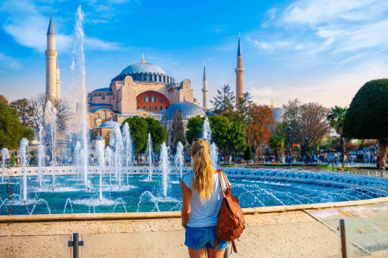 A tourist at Hagia Sophia Grand Mosque.