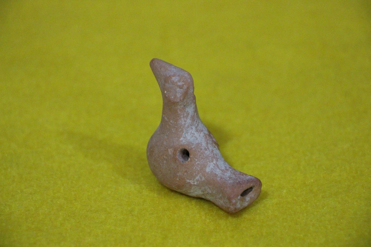 A 2,100-year-old soldier’s whistle, made from fired clay and designed in the shape of a bird, found at the Oluz Hoyuk excavation in Amasya, Türkiye, Dec. 23, 2024. (IHA Photo)