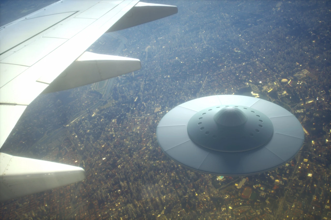 A futuristic alien spaceship flying alongside a commercial airplane in the sky.