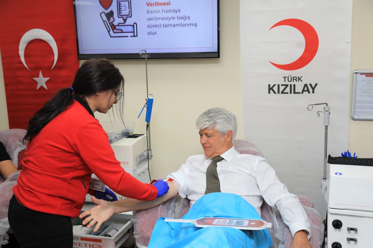 Switzerland's Ambassador to Ankara, Guillaume Scheurer donates blood at a Turkish Red Crescent center as part of a nationwide campaign encouraging blood donations, in Türkiye, on Jan. 28, 2025.