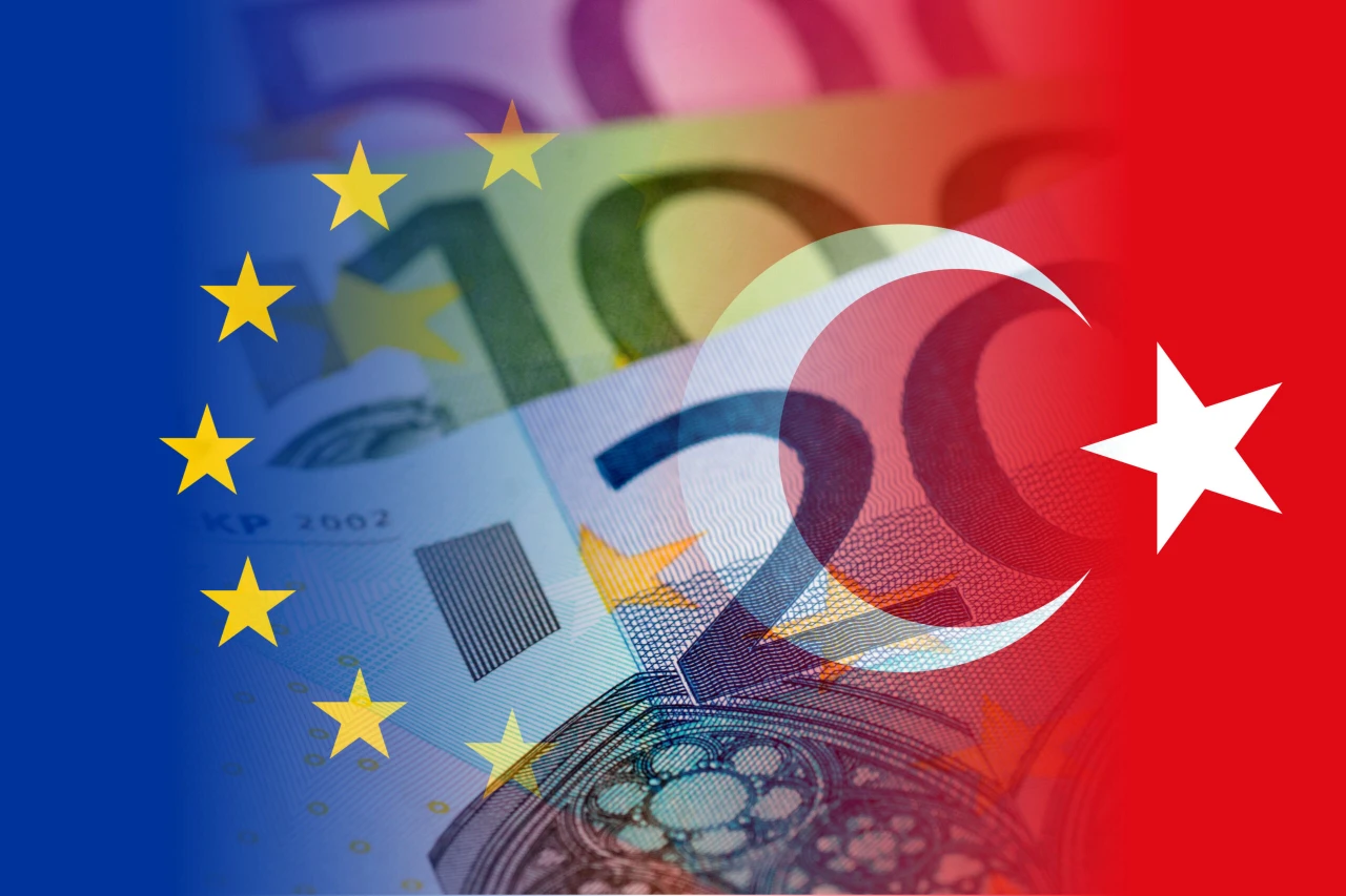 European Union and Turkish flags overlaid on euro banknotes