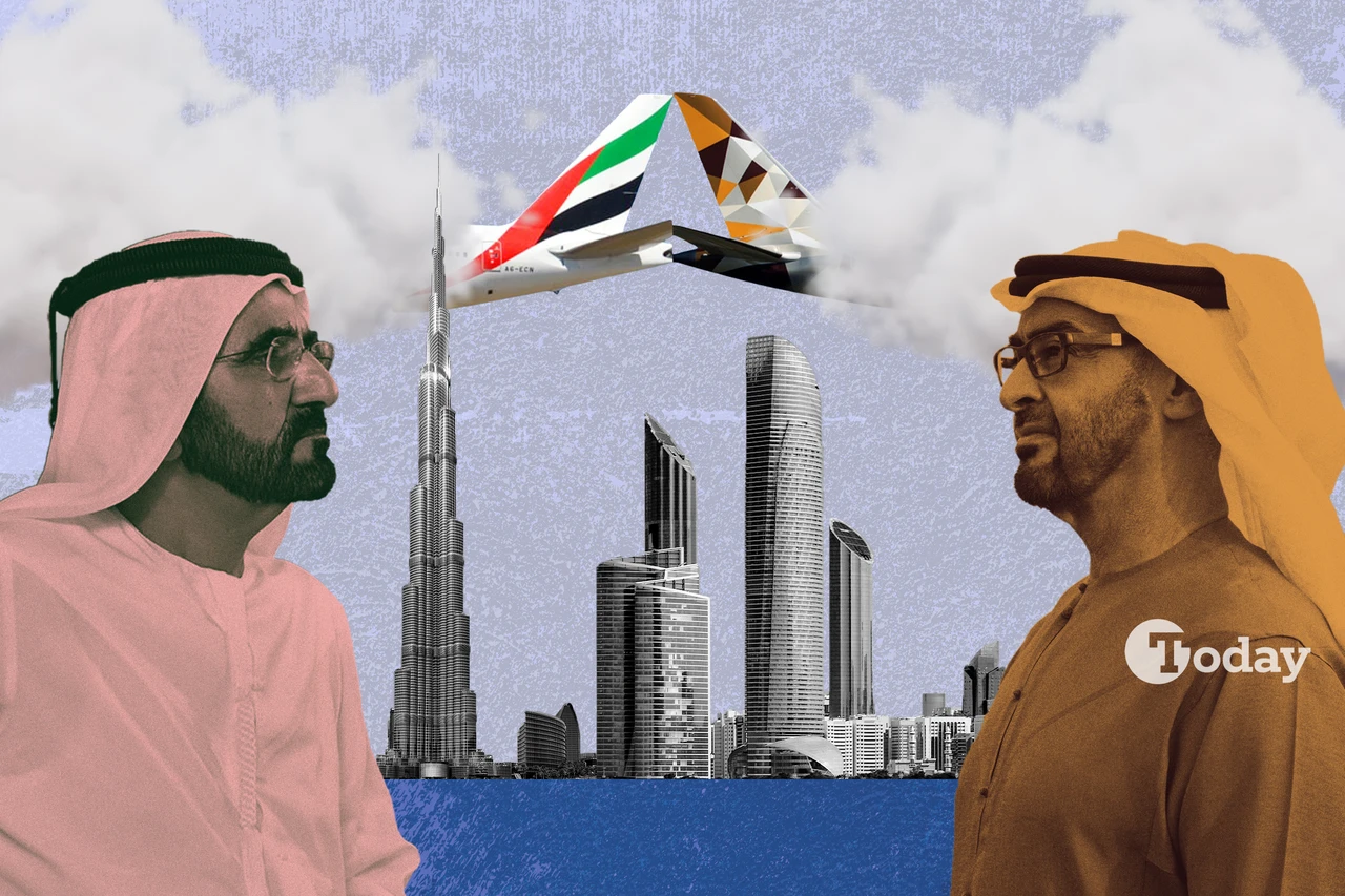 A collage of the UAE President Mohamed bin Zayed Al Nahyan and Dubai Ruler Sheikh Mohammed bin Rashid Al Maktoum, set against their cities' iconic skylines. (Mehmet Akbas/Türkiye Today)