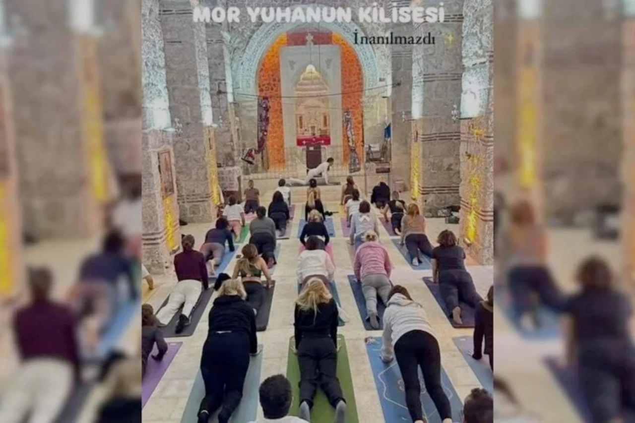 Tourists participate in a yoga session inside Mor Yuhanon Church, drawing criticism for using the historic Syriac worship site in Dereici, Mardin