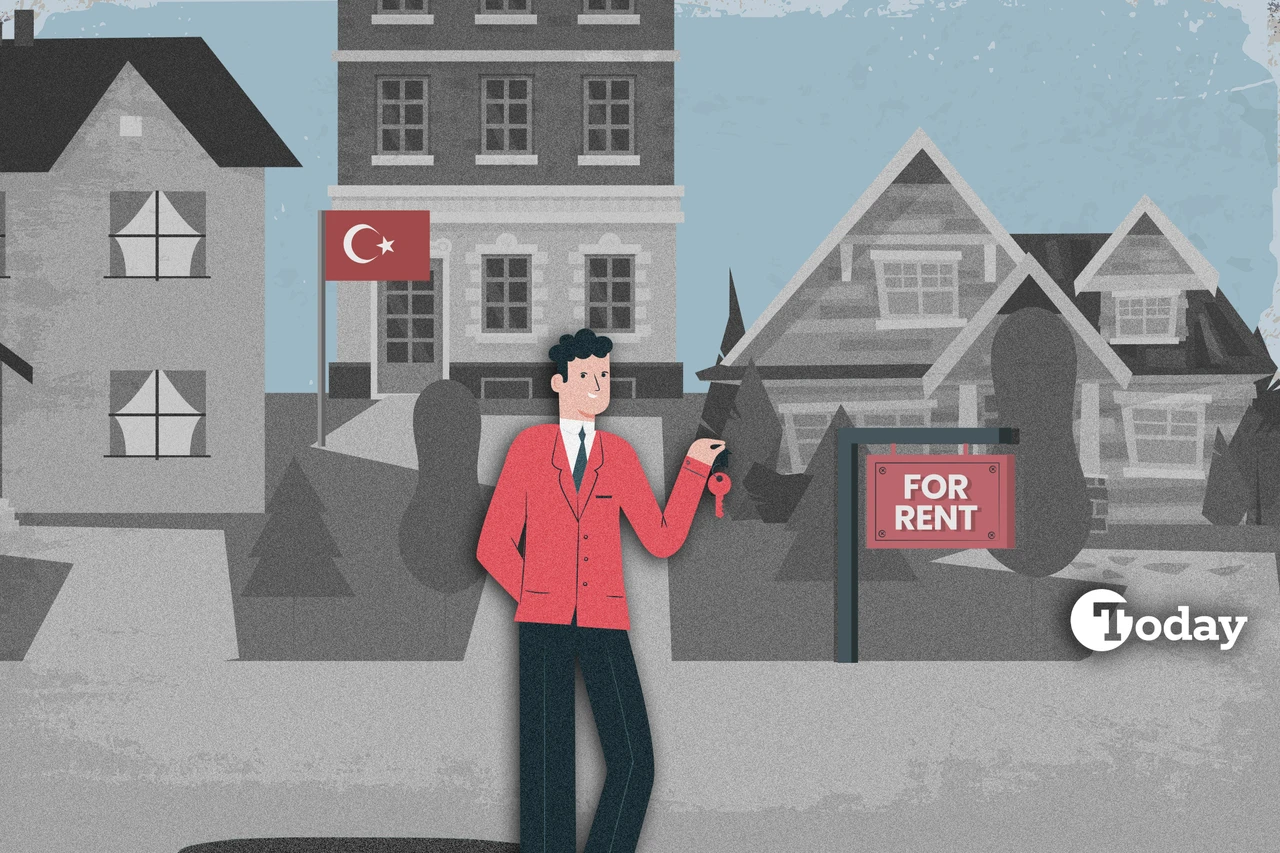 The illustration shows a man holding a key in front of buildings with "For Rent" sign and Turkish flag.