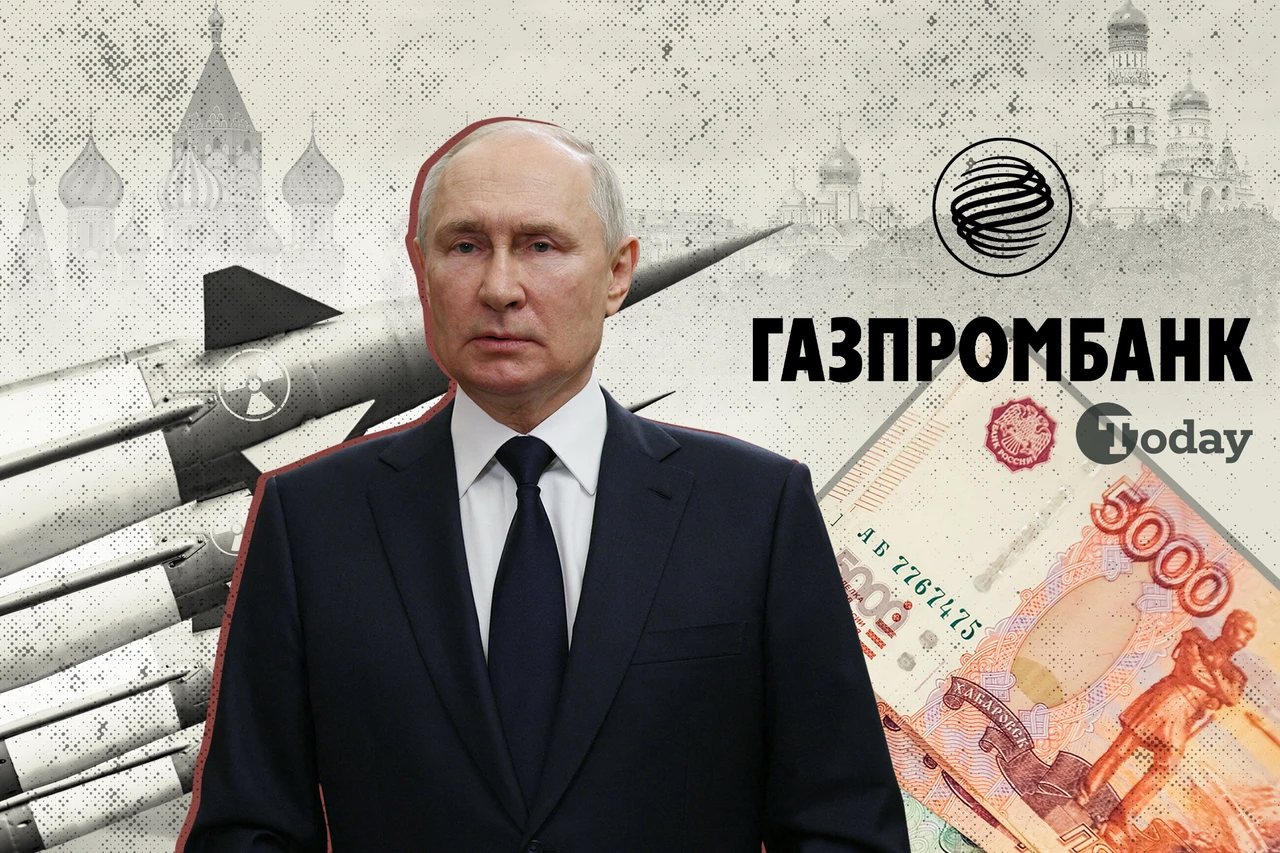 Vladimir Putin, missiles, Gazprombank logo, and Russian rubles