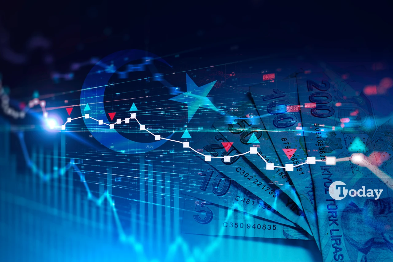 Image shows a financial graph overlayed on a background featuring the Turkish flag