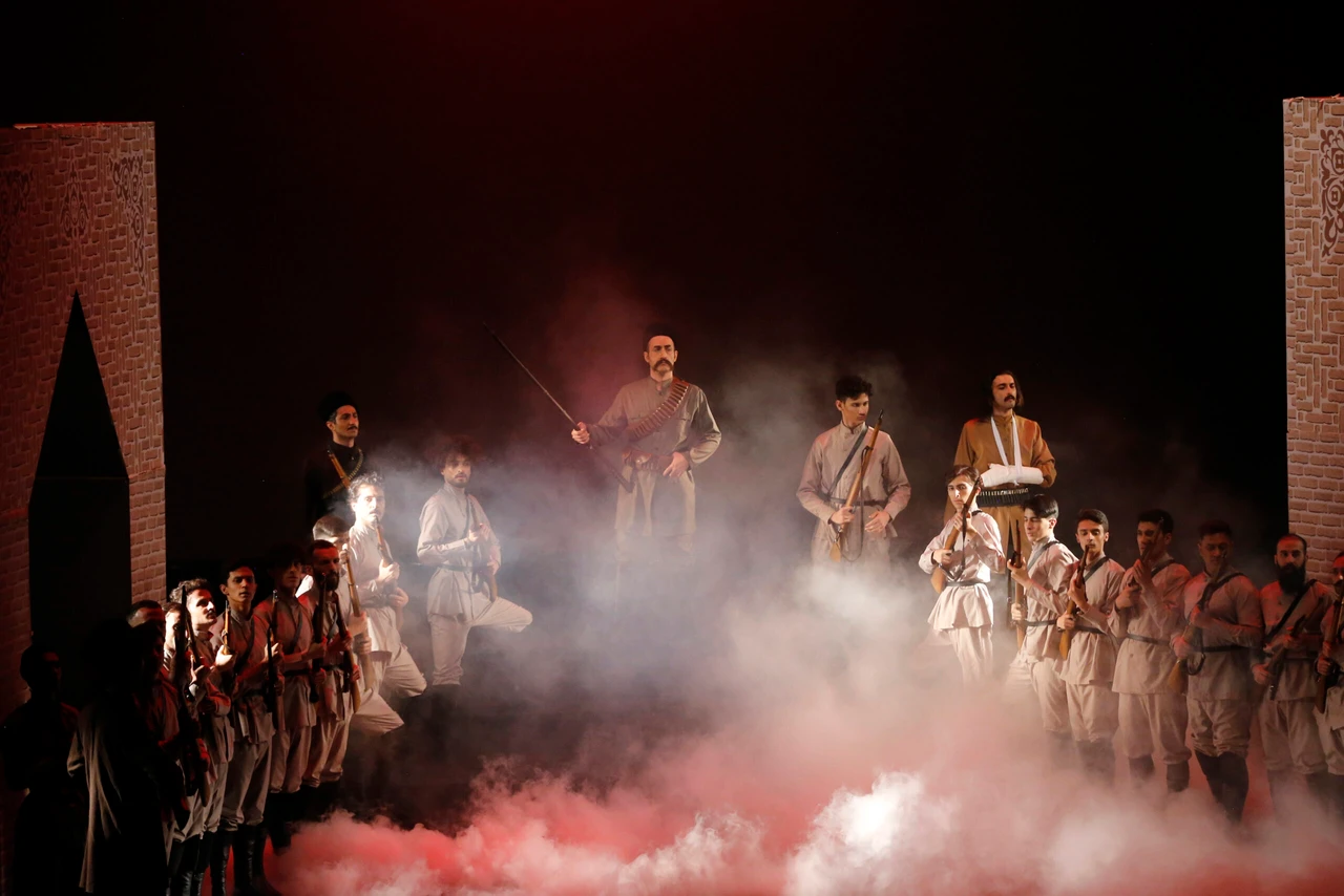 Theater actors perform the play "Settarhan Serdar-i Milli" in Turkish during the International Fajr Theater Festival in Tehran, Iran, on January 27, 2025.