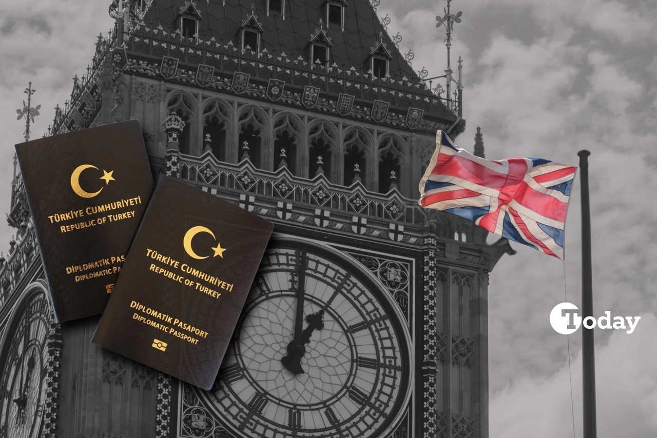 A collage featuring Big Ben, the Union Jack, and Turkey's diplomatic passport.