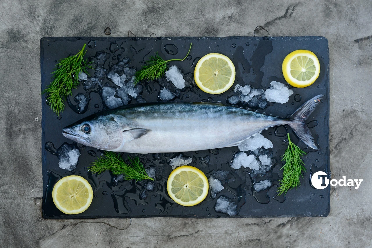 Top view of freshly caught bonito fish on black slate stone with fresh dill, lemon slices, and crushed ice. bonito recipe