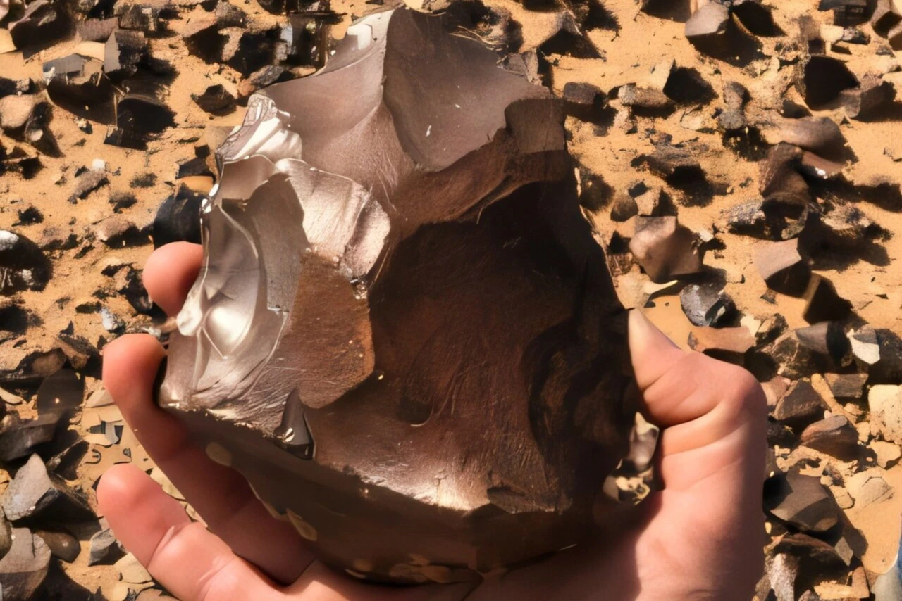 Hand tools discovered through scientific research, with several stone tools and production remnants visible on a sandy surface in the background, January 29, 2025.