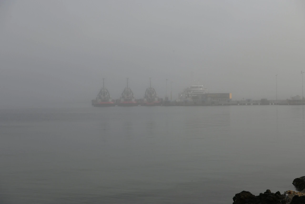 A foggy scene in the Dardanelles Strait, causing the closure of shipping traffic, viewed from Lapseki, Türkiye, on February 1, 2025.