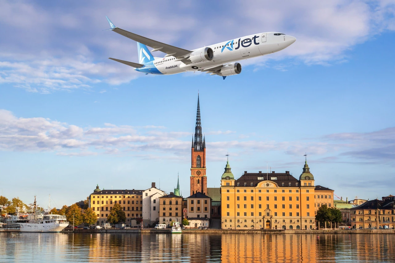 an AJet aircraft flying over Stockholm, Sweden,