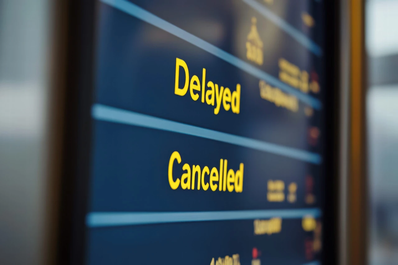 An airport flight information display board showing the words "Delayed" and "Cancelled"