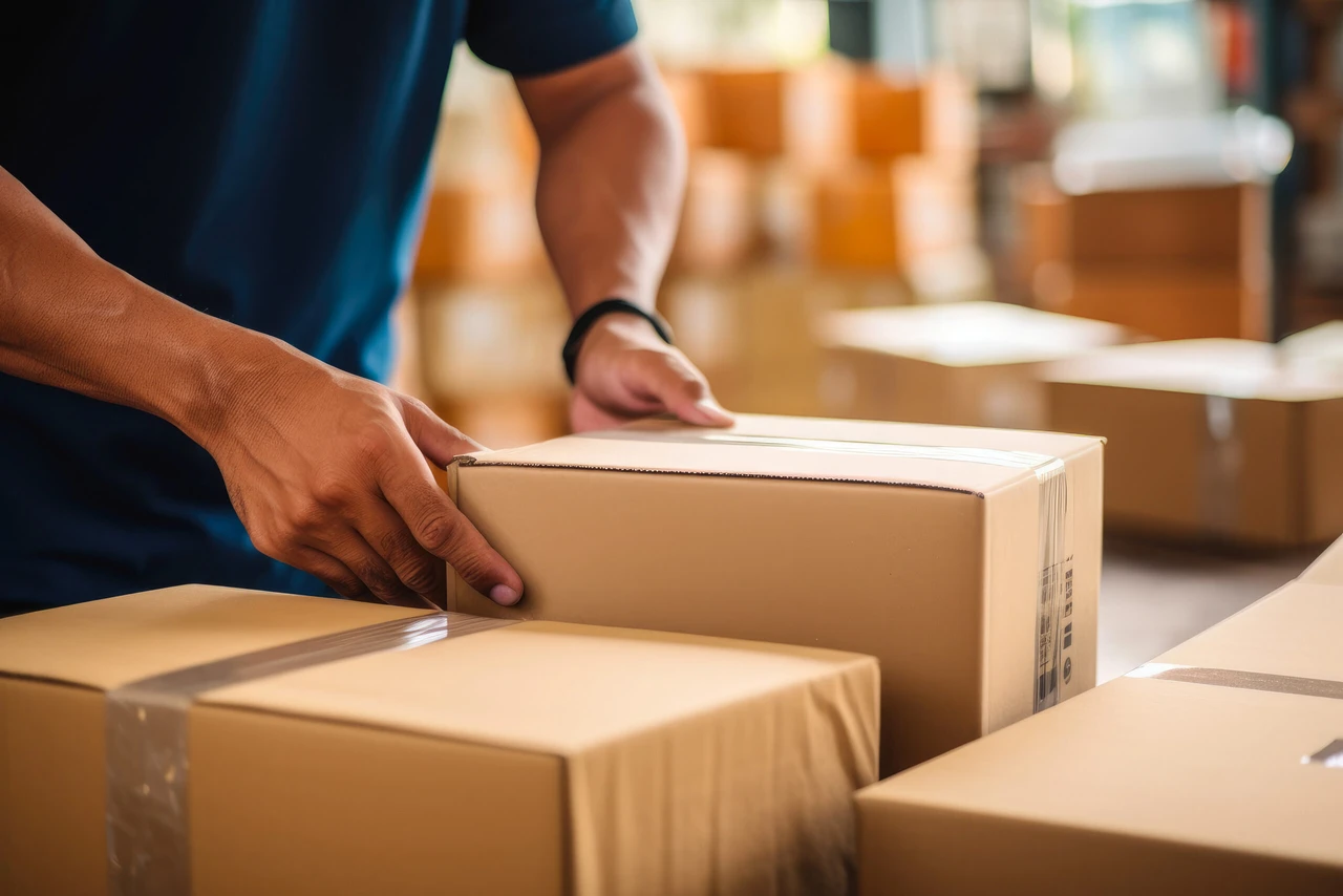 Closeup of a man's hands taping a cardboard box, preparing it for shipment in an e-commerce warehouse