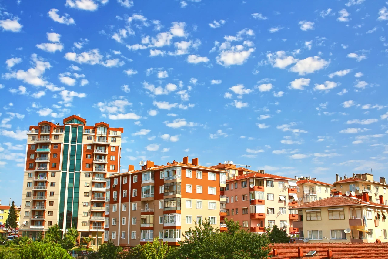 Multistoried living block of flats. Residential apartment buildings. Suburban accommodation.