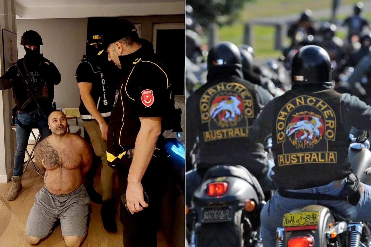 A composite image showing Turkish police arresting a shirtless man and Comanchero bikers wearing jackets with the gang’s emblem.