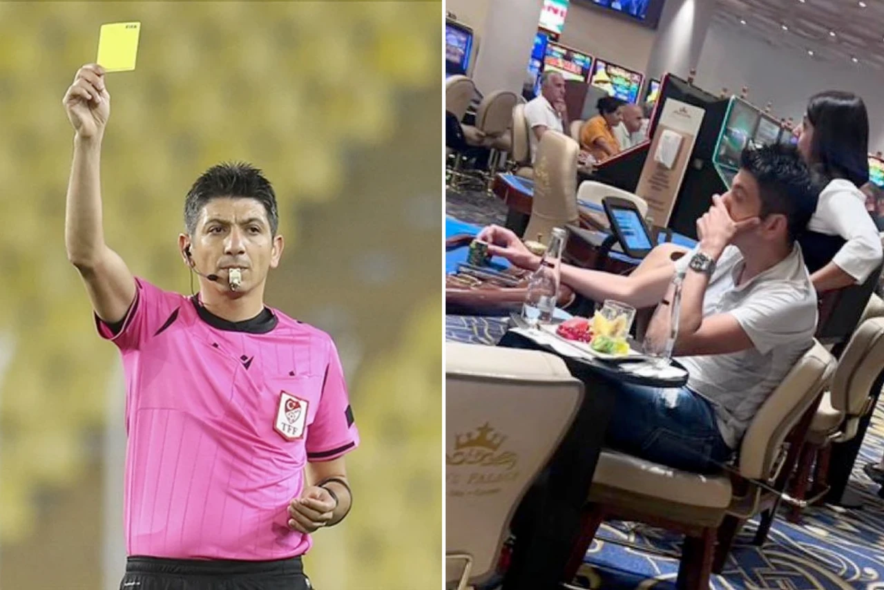 Side-by-side images of Turkish FIFA referee Yasar Kemal Ugurlu. On the left, he is officiating a football match wearing a pink referee uniform, holding up a yellow card.