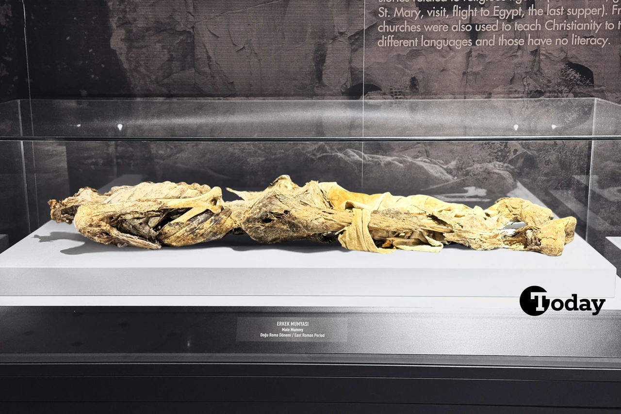 Adult mummy displayed from Aksaray excavations.