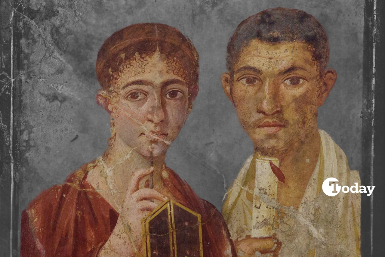 A fresco showing a couple from ancient Pompeii, Italy.