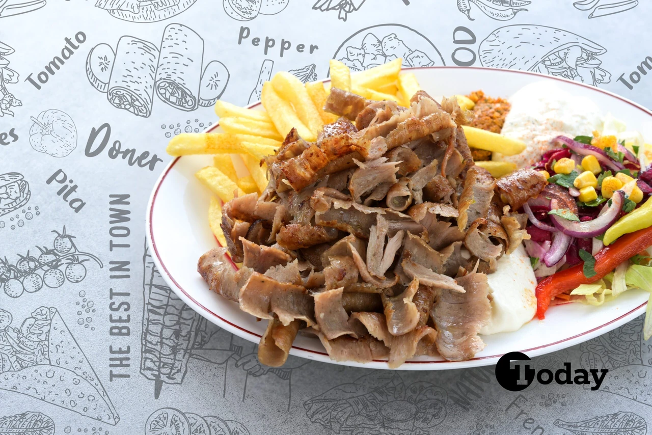 A plate of Turkish doner kebab accompanied by crispy French fries and a fresh salad, presented as a photo collage.