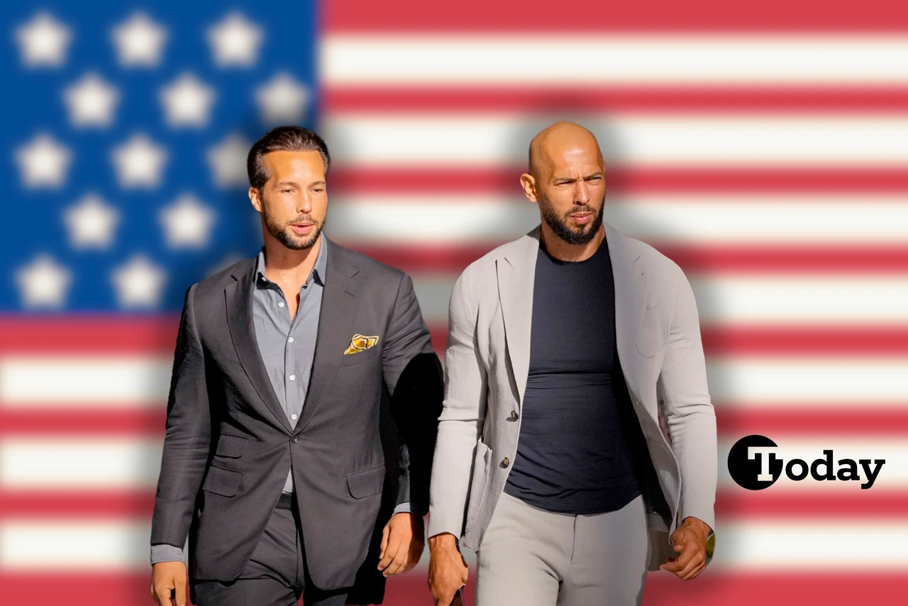 collage of Andrew and Tristan Tate in front of an American flag