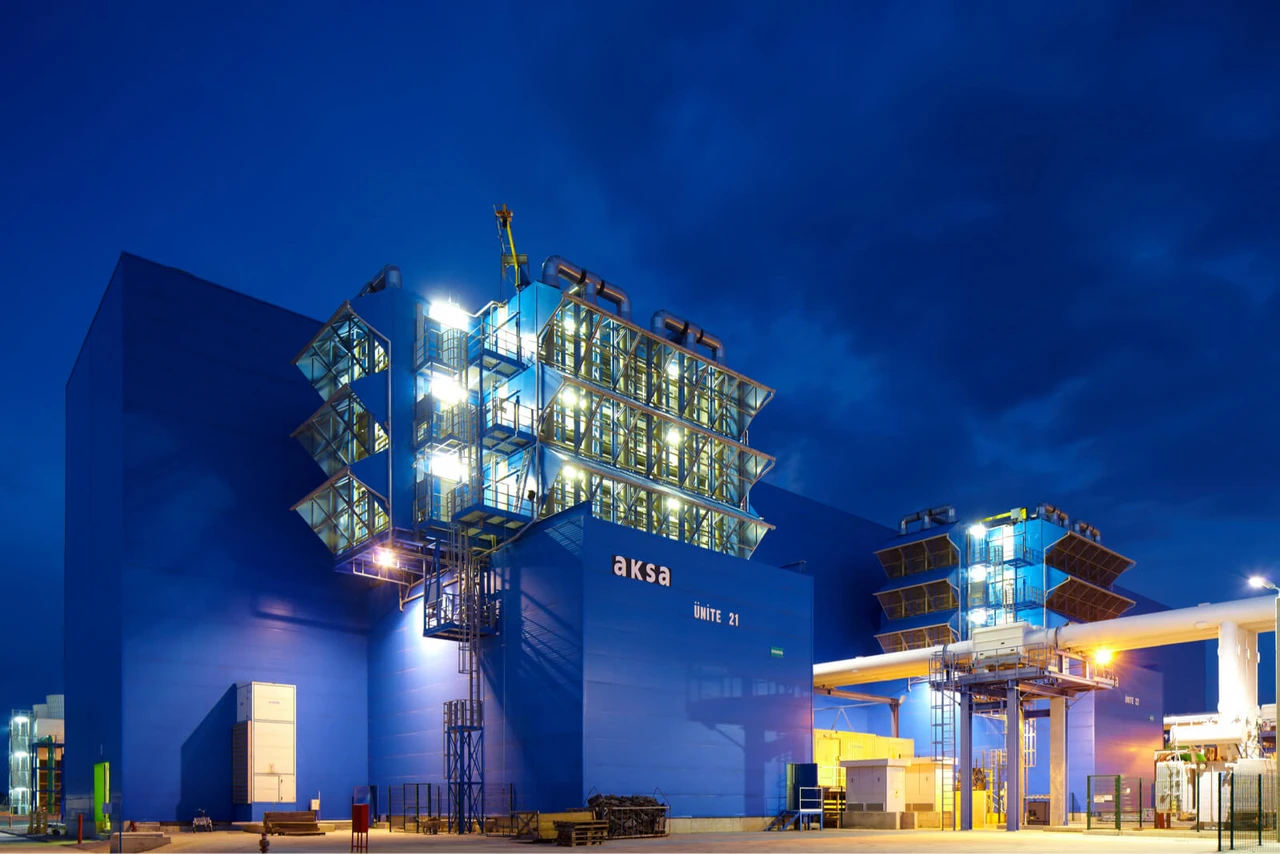 A view of a power plant at night