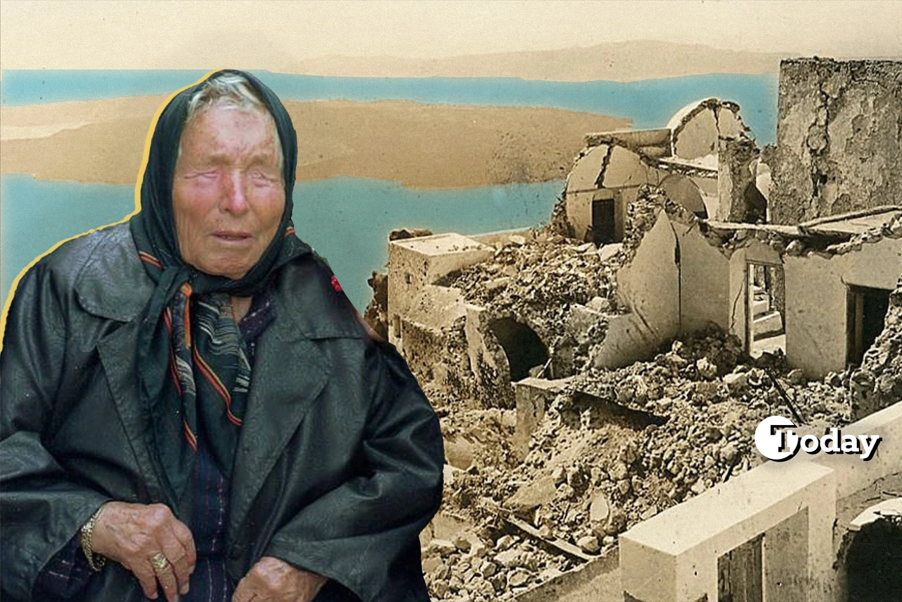 collage of famous oracle Baba Vanga with buildings with earthquake damage in the background