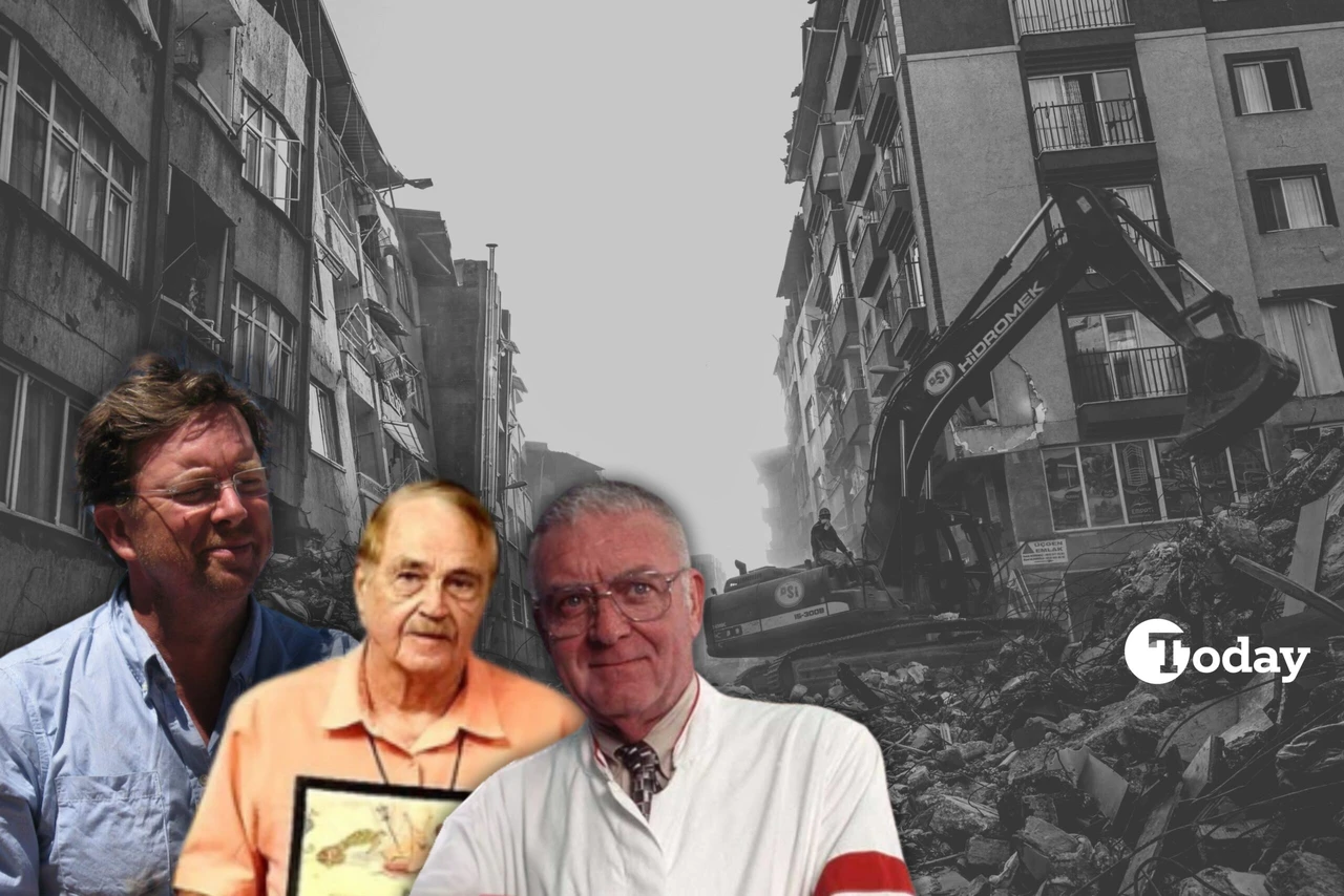 An excavator clears debris in Hatay, Türkiye, following the collapse of buildings. Dr. Mark Whiteside, J. Marvin Herndon, and Ian Baldwin are seen in the foreground.