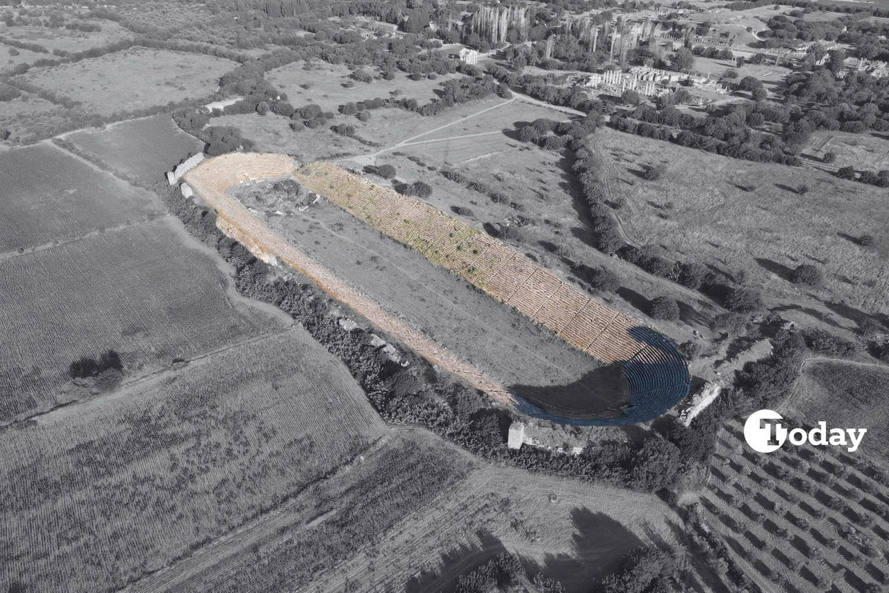 The iconic Aphrodisias Stadium in Aydin, Türkiye, showcasing its semi-circular seating.